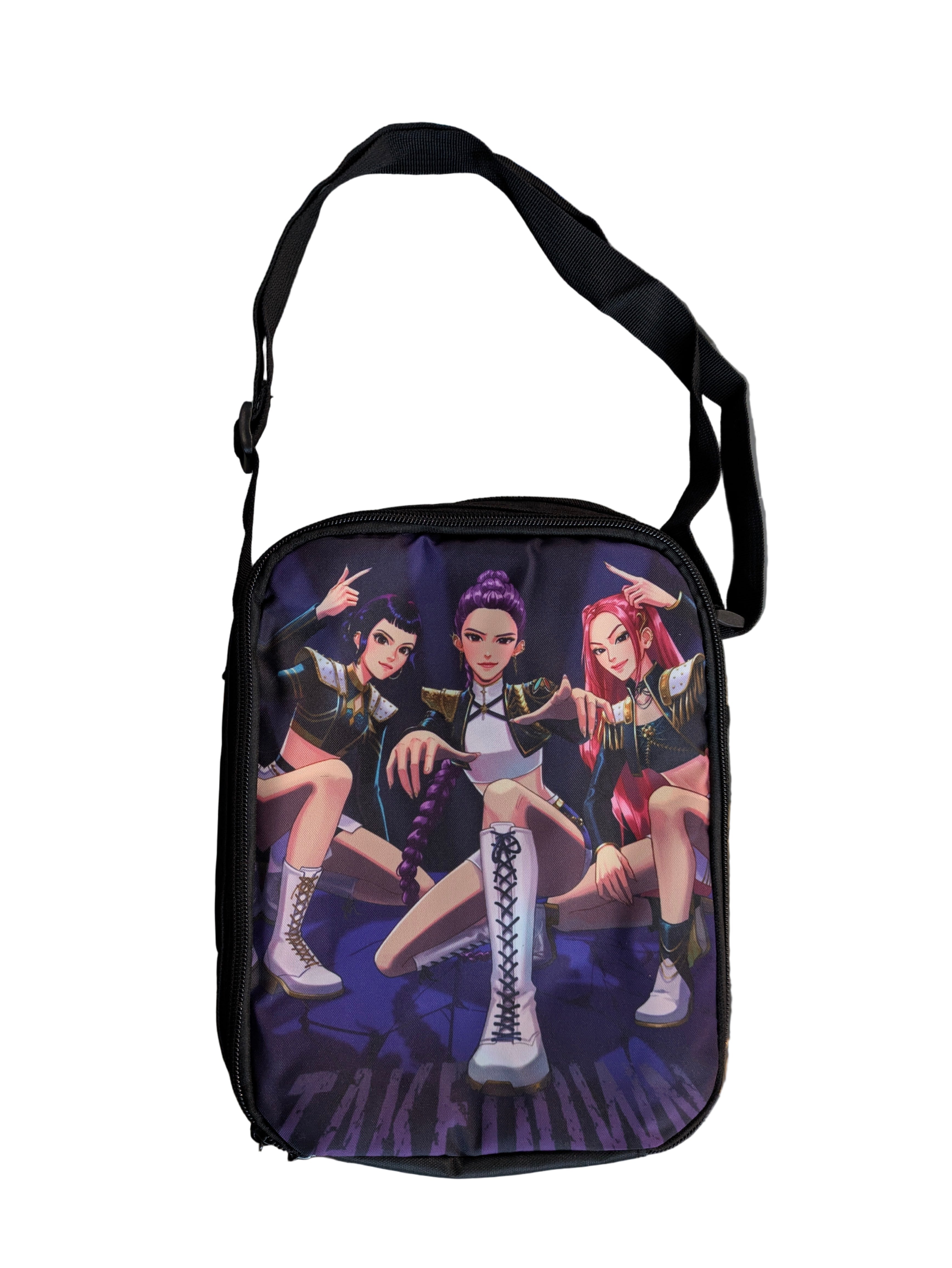 K-POP DEMON HUNTERS Strike Edition shoulder lunch bag with Rumi, Zoey, and Mira in combat outfits on purple background