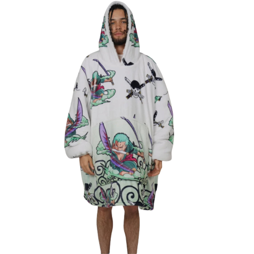 Zoro One Piece wearable Sherpa blanket hoodie for kids and adults in green with anime design