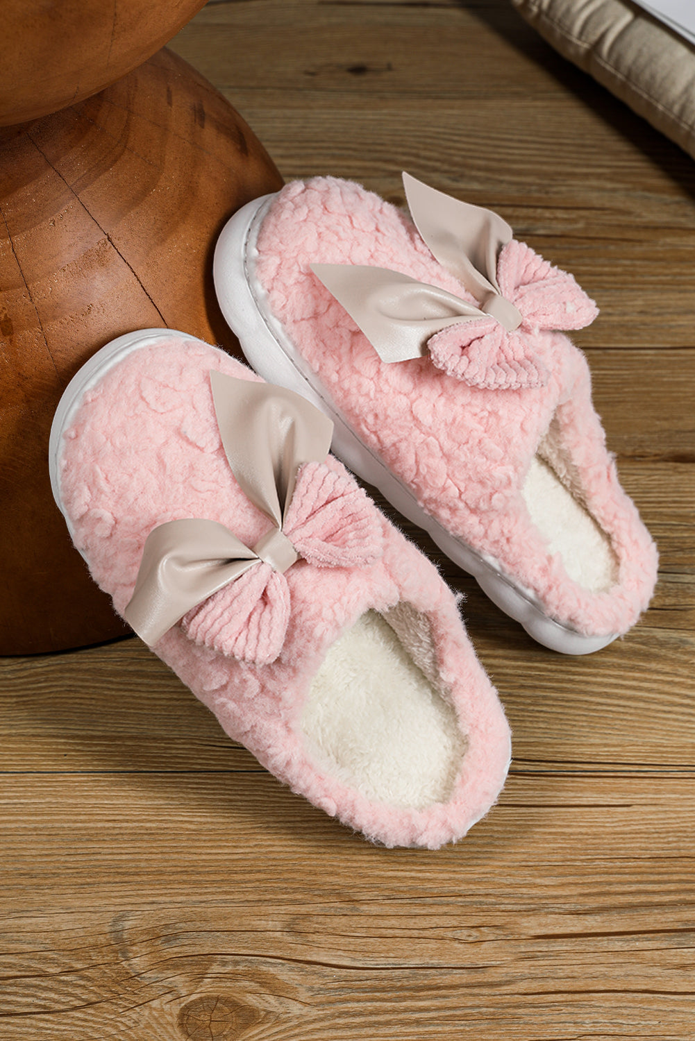 Camel contrast bowknot plush winter slippers with thick sole and cozy design