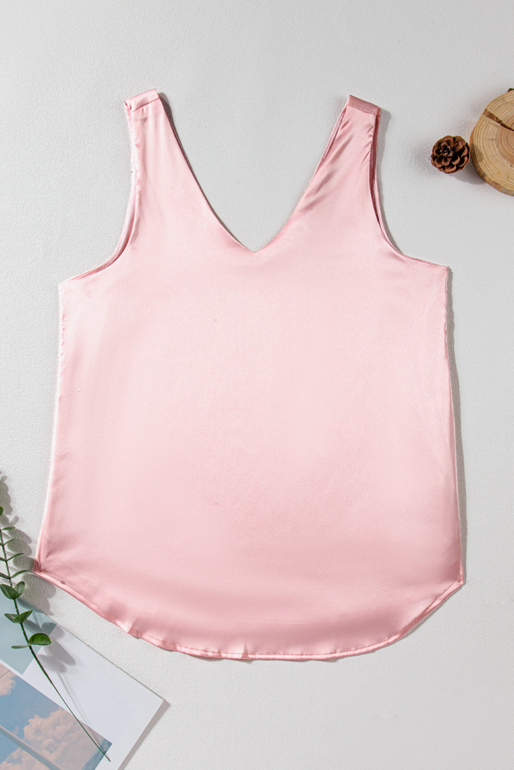 Pink deep V neck loose tank top for summer casual wear