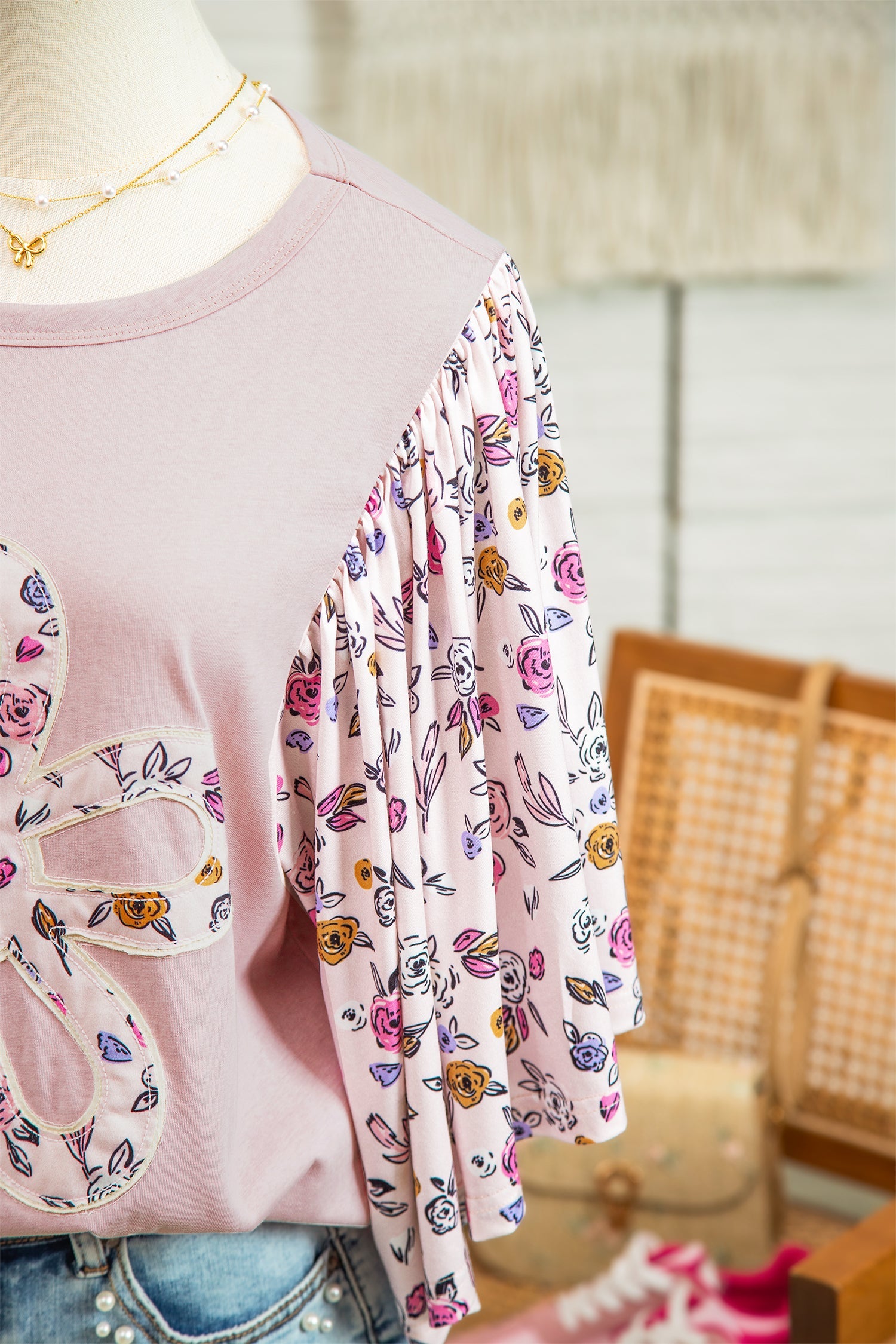 Pink blouse with floral patchwork and flowy half sleeves