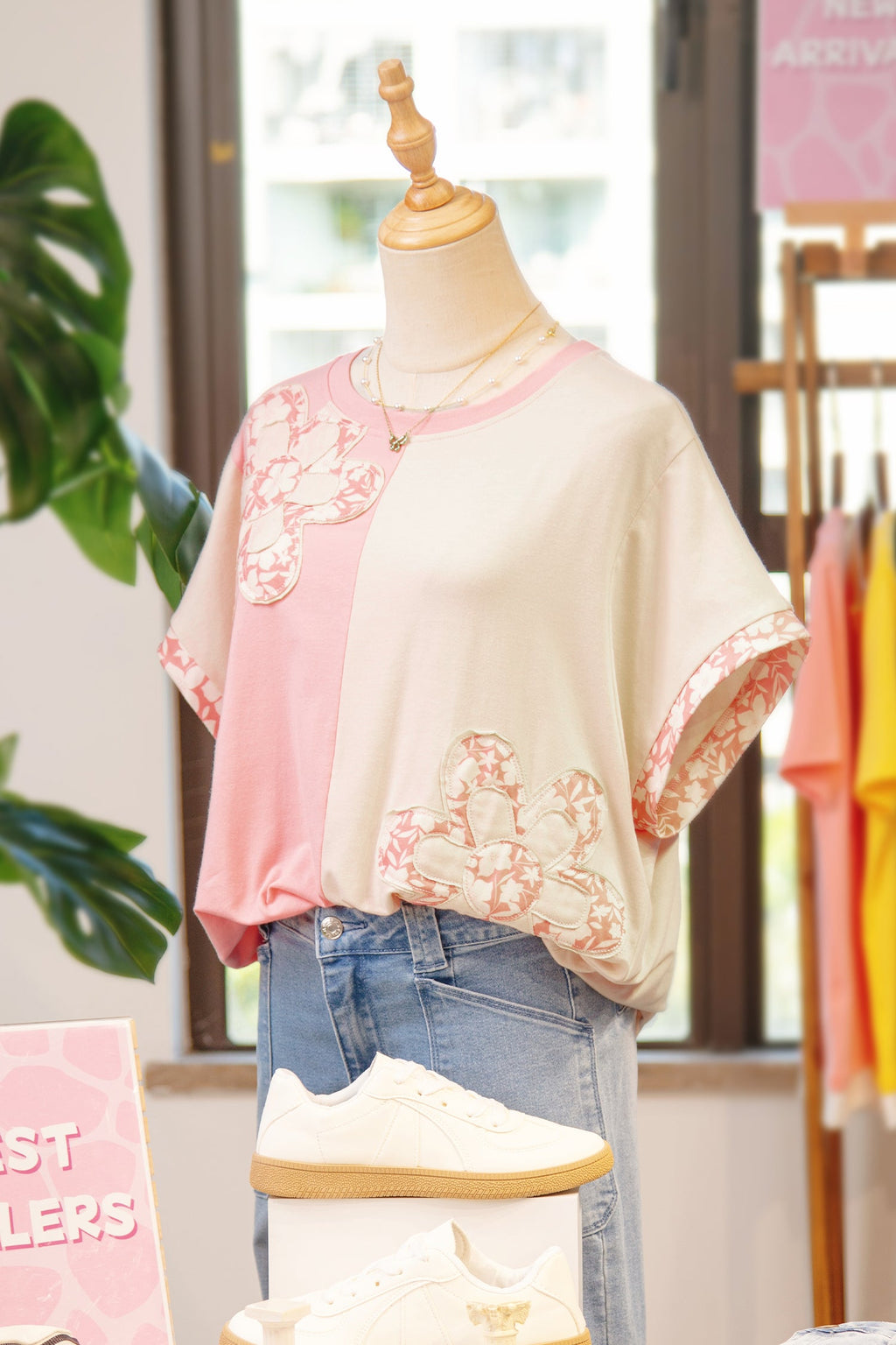 Apricot color block loose T-shirt with flower patch details and relaxed fit