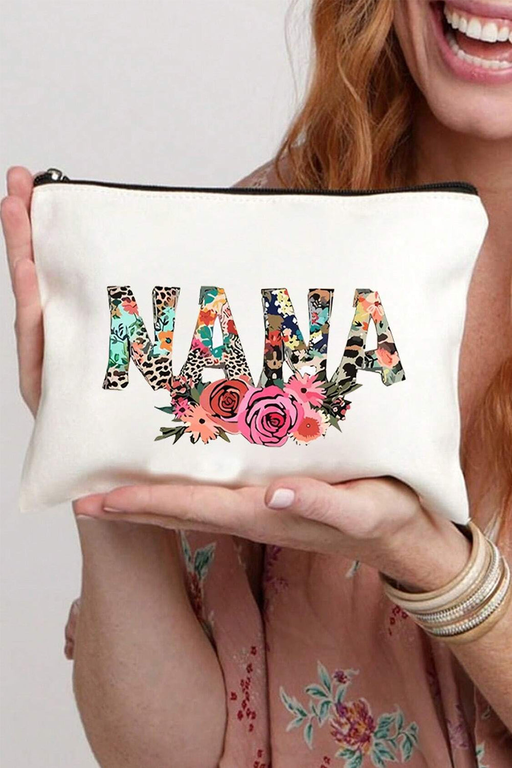White TEACHER graphic print zipper cosmetic bag made of durable canvas, compact 22x15cm size