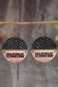 Black vintage mama pendant leather and wooden round earrings