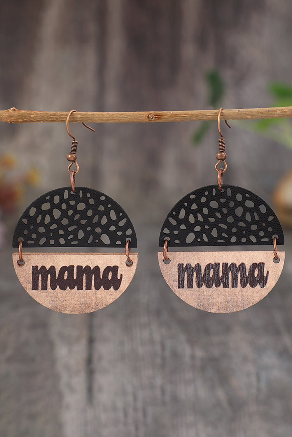 Black vintage mama pendant leather and wooden round earrings