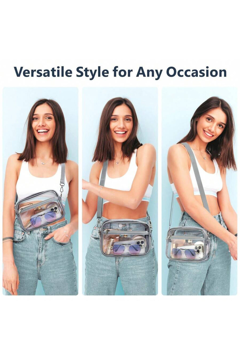 Gray clear shoulder bag with multi-pocket design and contrast edges with detachable strap