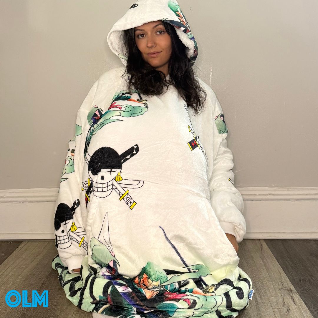 Zoro One Piece oversized Sherpa blanket hoodie for kids and adults from OLM Toys