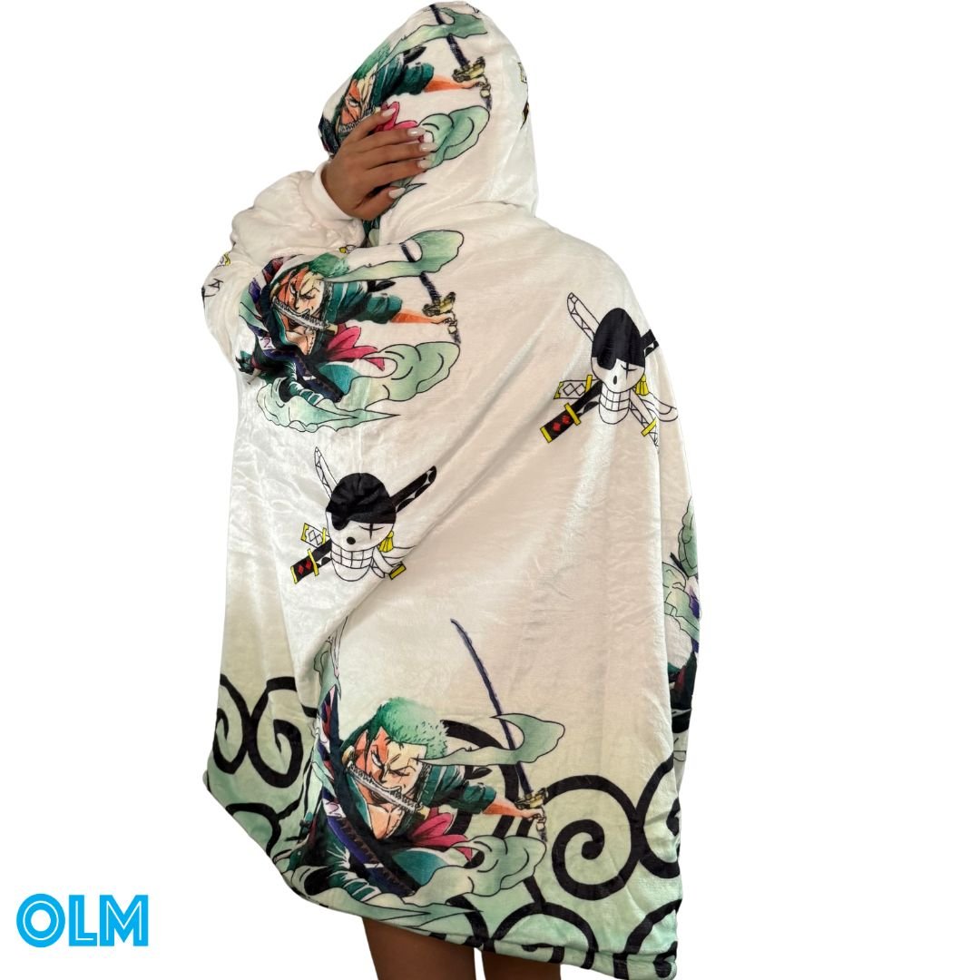 Zoro One Piece wearable Sherpa blanket hoodie for kids and adults in green with oversized fit and front pocket