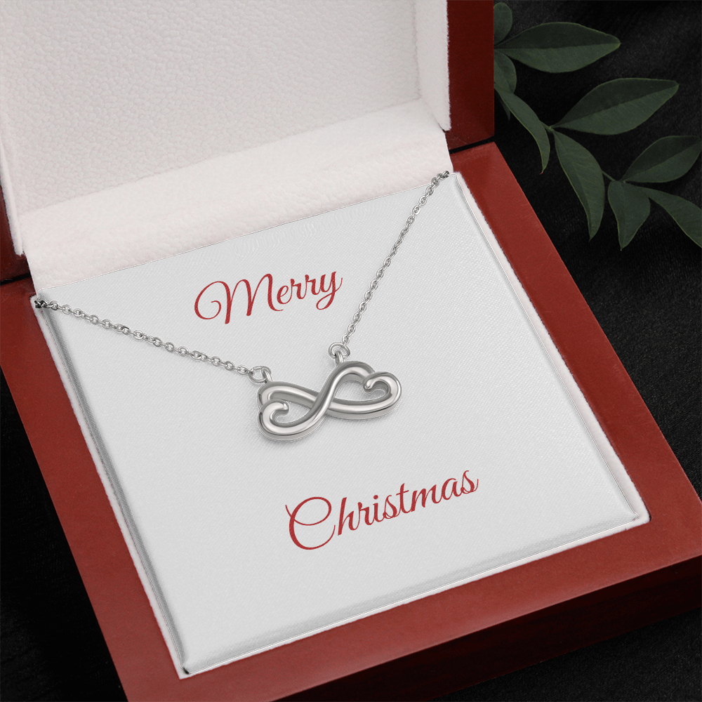 Endless Love Necklace in 14k white gold heart-shaped infinity pendant in gift box with Merry Christmas text