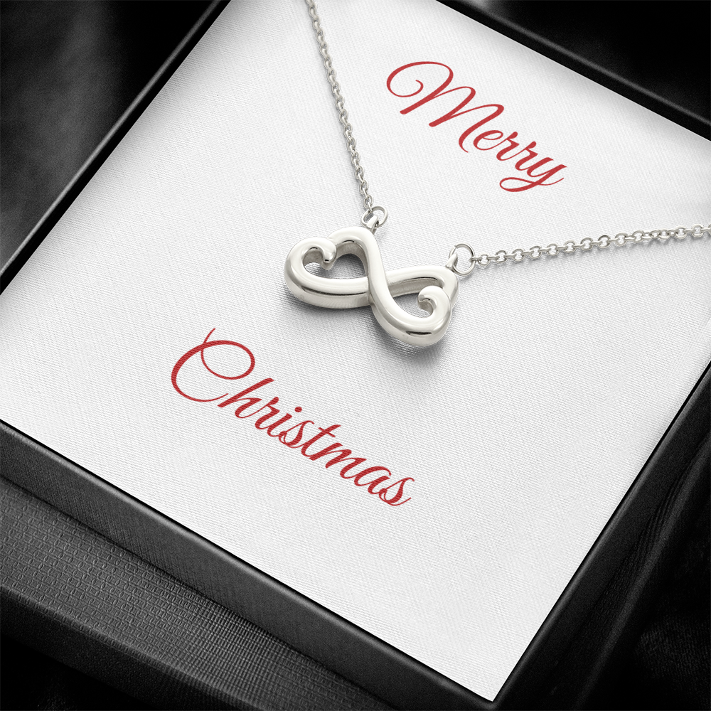 Endless Love Necklace heart-shaped infinity symbol in white gold on adjustable chain in gift box with Merry Christmas message