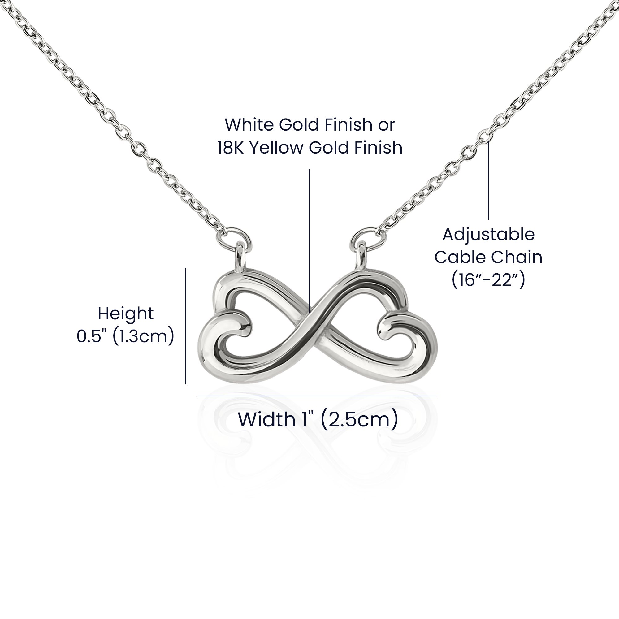 Endless Love Necklace heart-shaped infinity pendant in white or yellow gold with adjustable chain