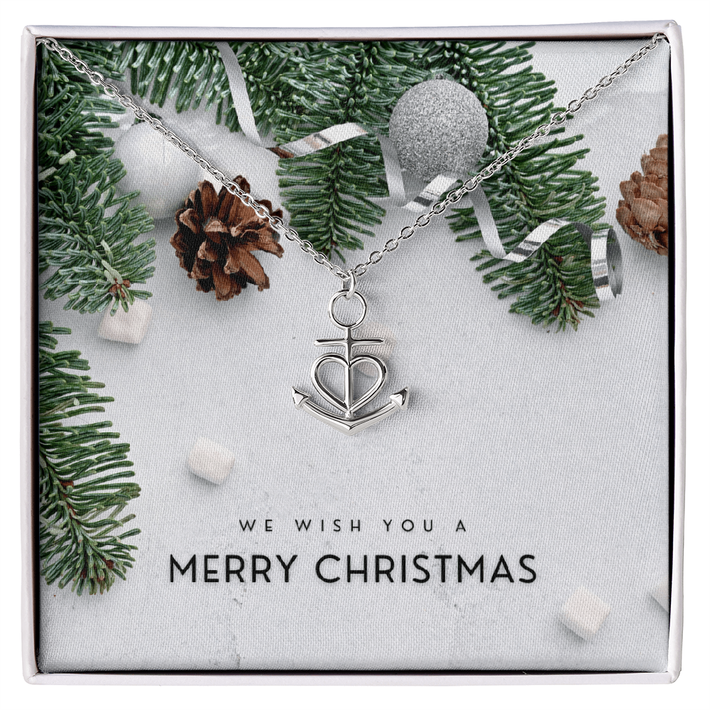 Silver Anchor Pendant Necklace with heart detail on adjustable chain in festive gift box with pine and Merry Christmas text