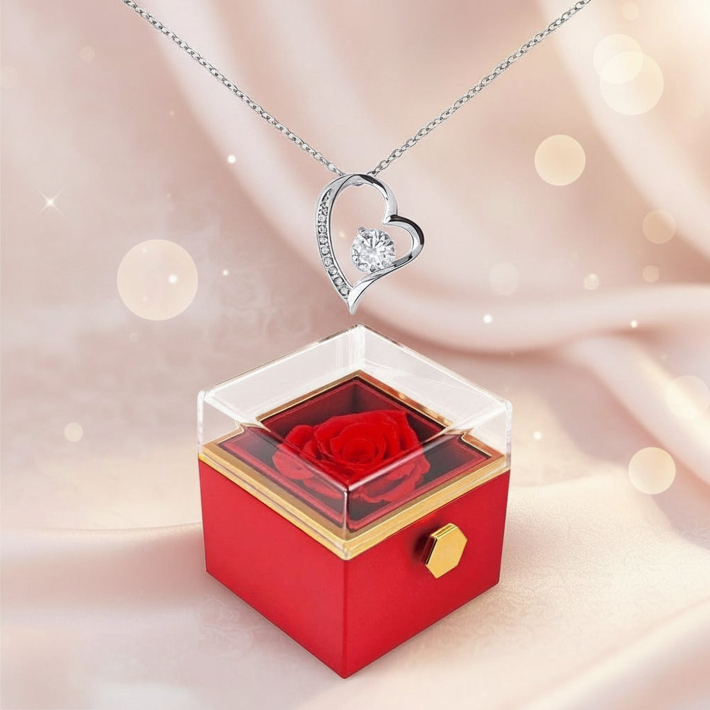 Forever Love Necklace with heart-shaped pendant and cubic zirconia, presented in a red gift box with preserved rose