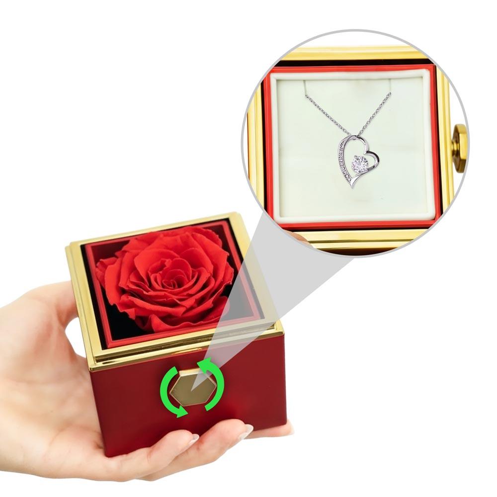Forever Love Necklace heart pendant with cubic zirconia in luxury gift box featuring preserved red rose and gold knob reveal mechanism