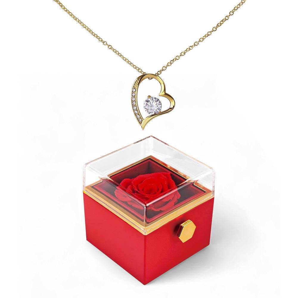 Forever Love Necklace gold heart pendant with cubic zirconia and preserved rose gift box