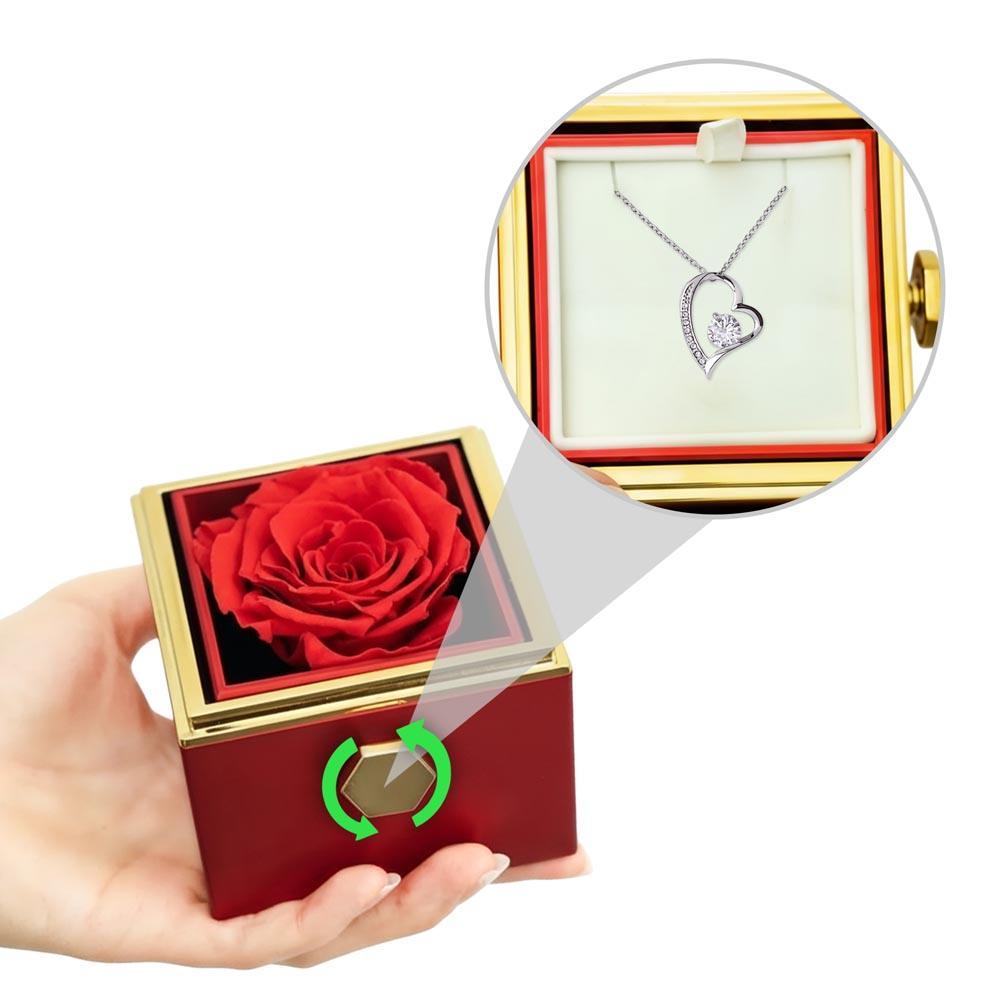 Forever Love Necklace with cubic zirconia pendant in luxurious red gift box with preserved rose and gold knob reveal mechanism