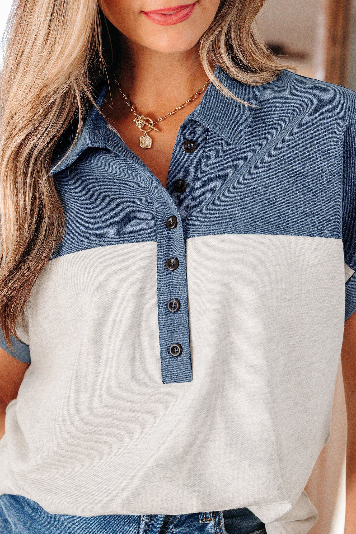 Light grey color block patchwork denim button polo collar short sleeve top