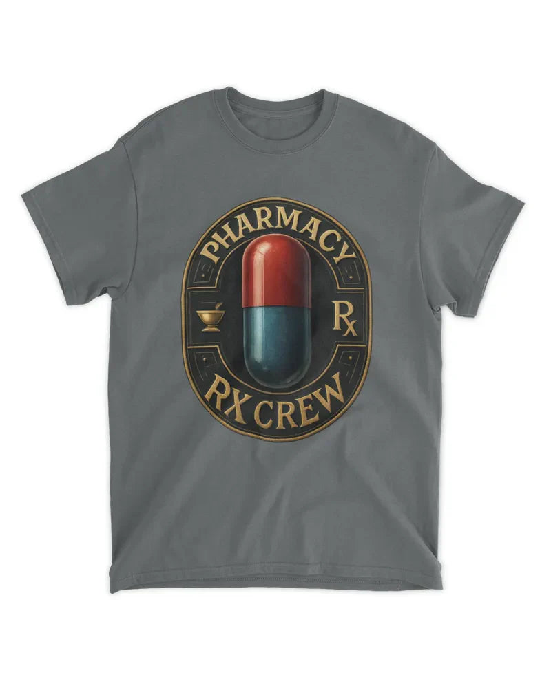 Unisex standard t-shirt in grey with Pharmacy RX Crew capsule graphic design