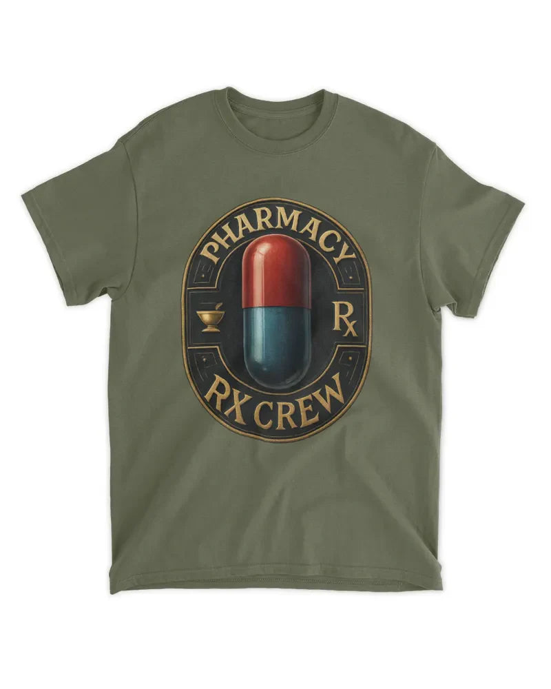 Unisex standard t-shirt with Pharmacy RX Crew pill graphic in olive green cotton blend