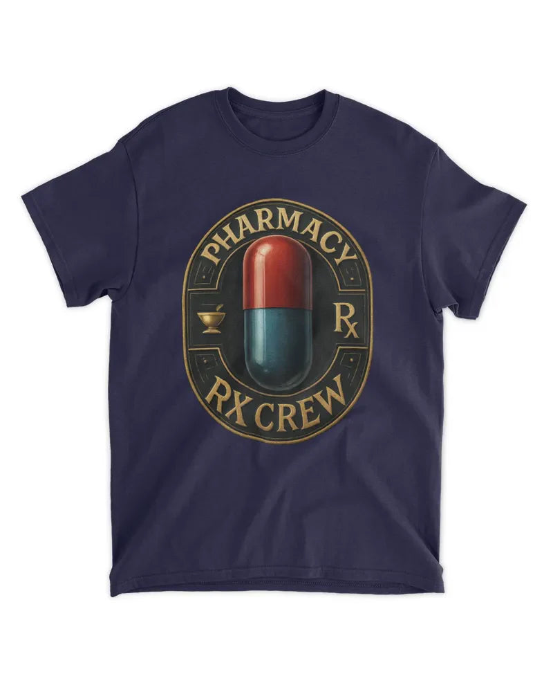 Navy unisex standard t-shirt with Pharmacy RX Crew pill graphic design