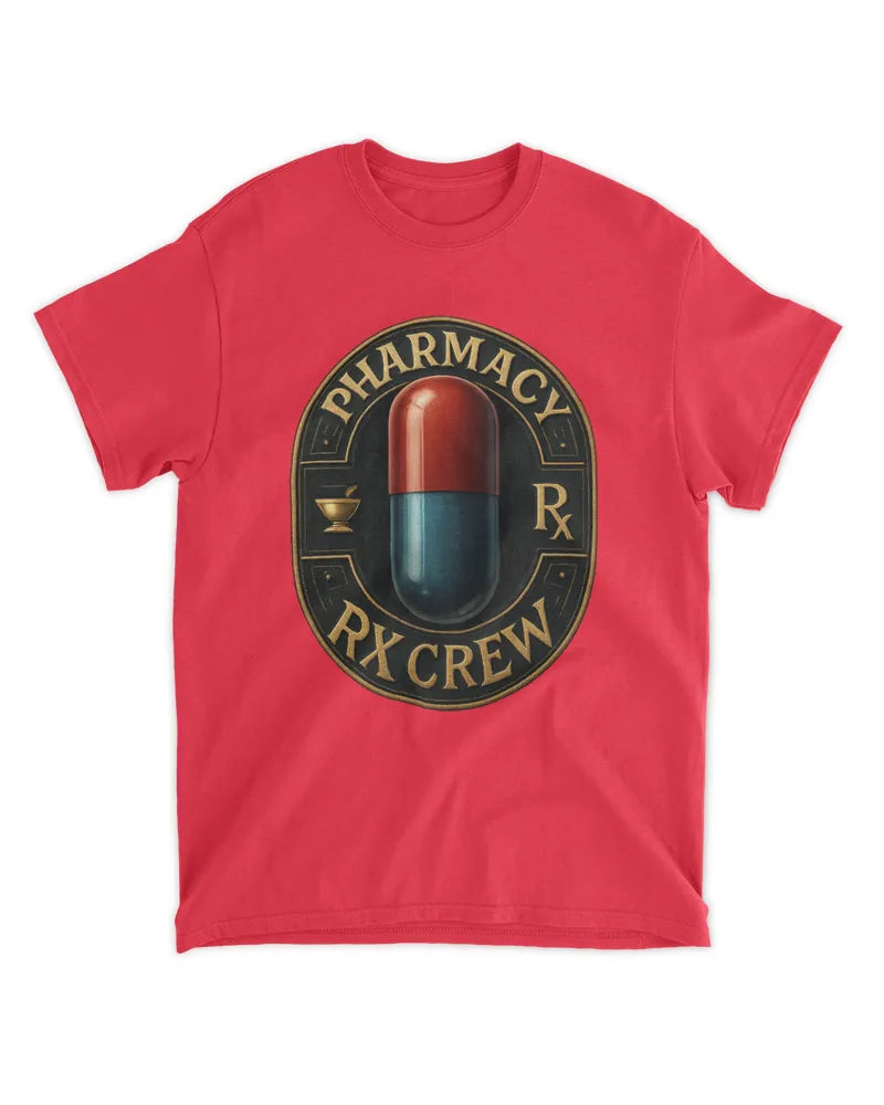 Unisex standard t-shirt in red with pharmacy RX crew pill graphic design