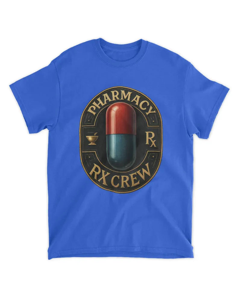 Blue unisex standard t-shirt with pharmacy RX crew capsule graphic
