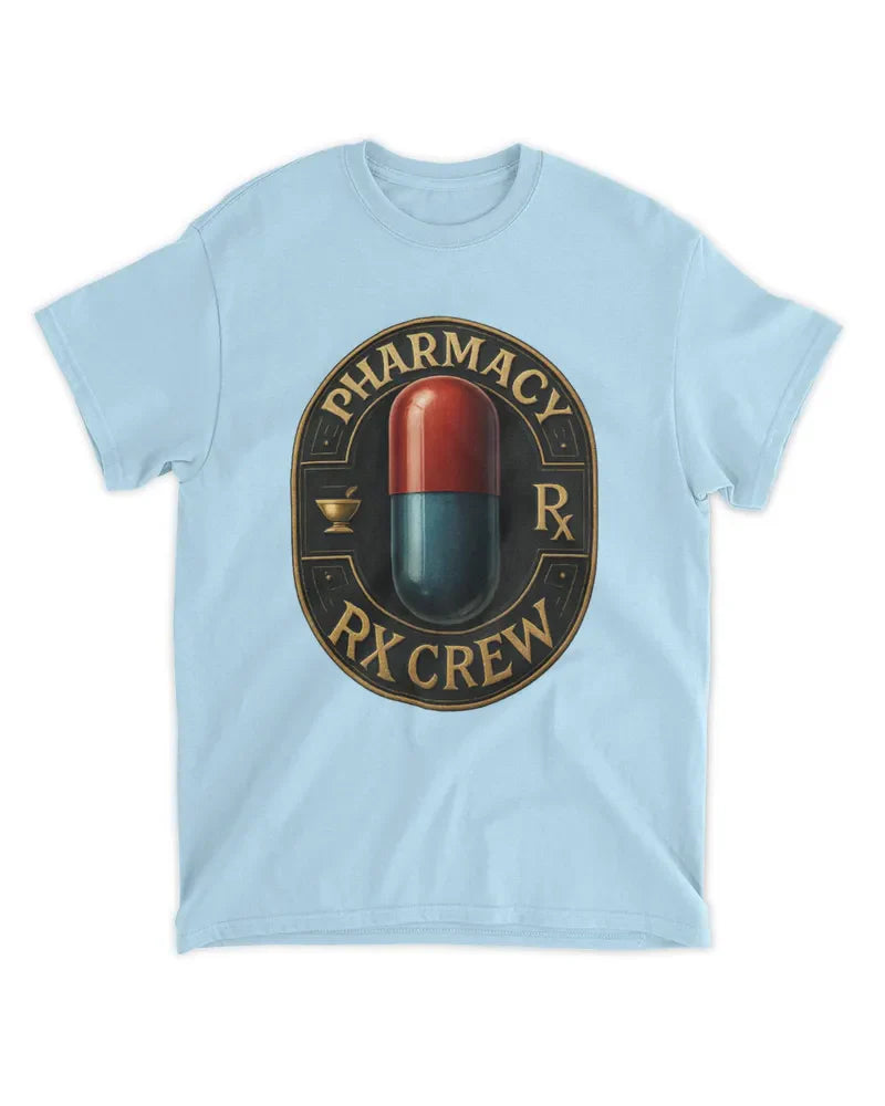 Unisex standard t-shirt with Pharmacy RX Crew graphic, 100% cotton preshrunk fabric, light blue color