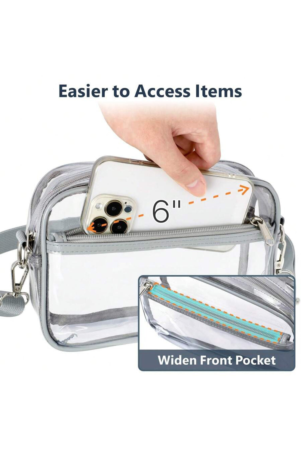 Gray multi-pocket clear shoulder bag with contrast edges and detachable strap for versatile wear