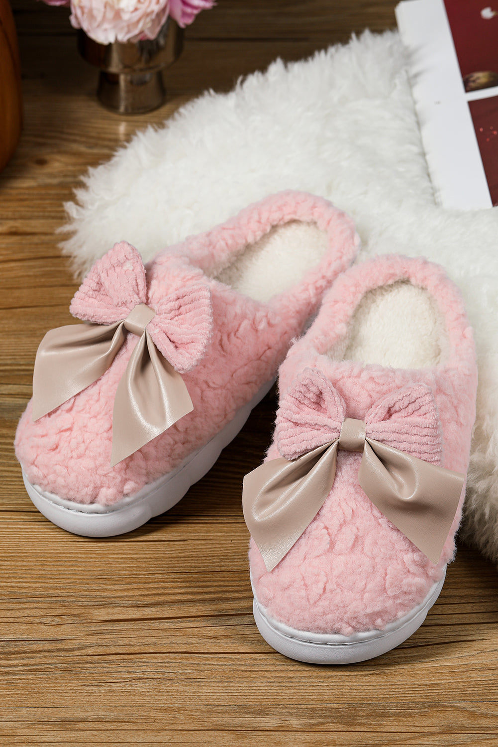 Cozy camel plush winter slippers with contrast bowknot and thick sole for comfort