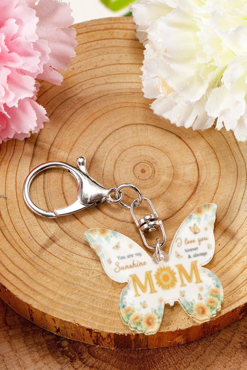 Yellow MOM butterfly shape acrylic keychain with bold font and durable design
