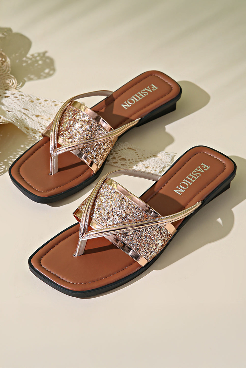 Gold glitter band square toe PU leather flat slippers with glittery strap and flat sole