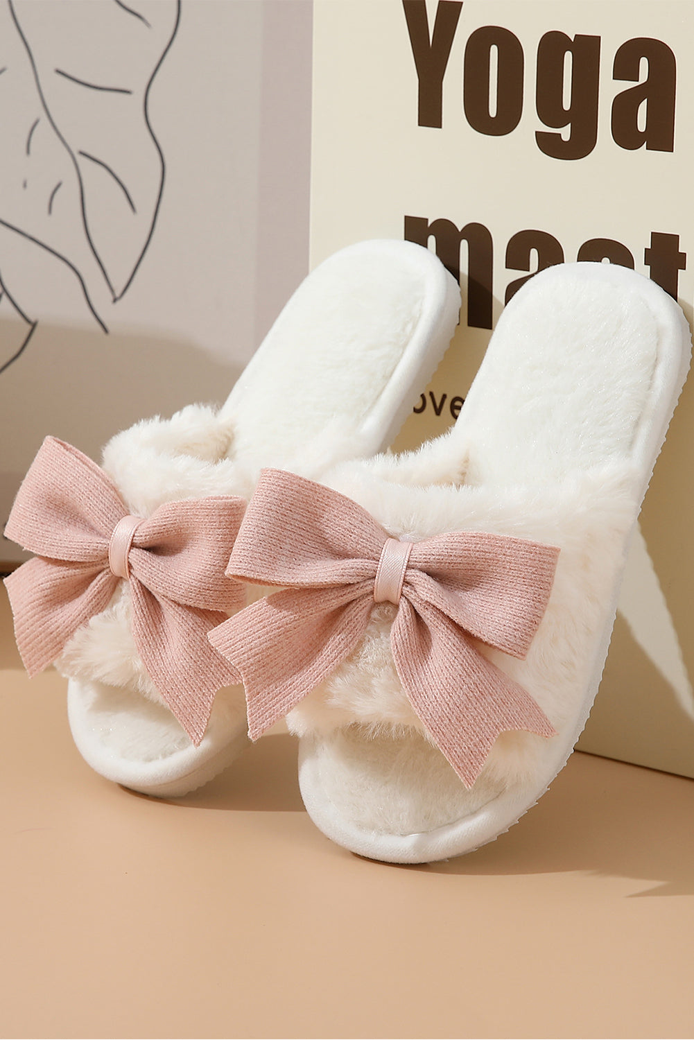 White open-toe plush slippers with white bow knot decor for cozy winter wear
