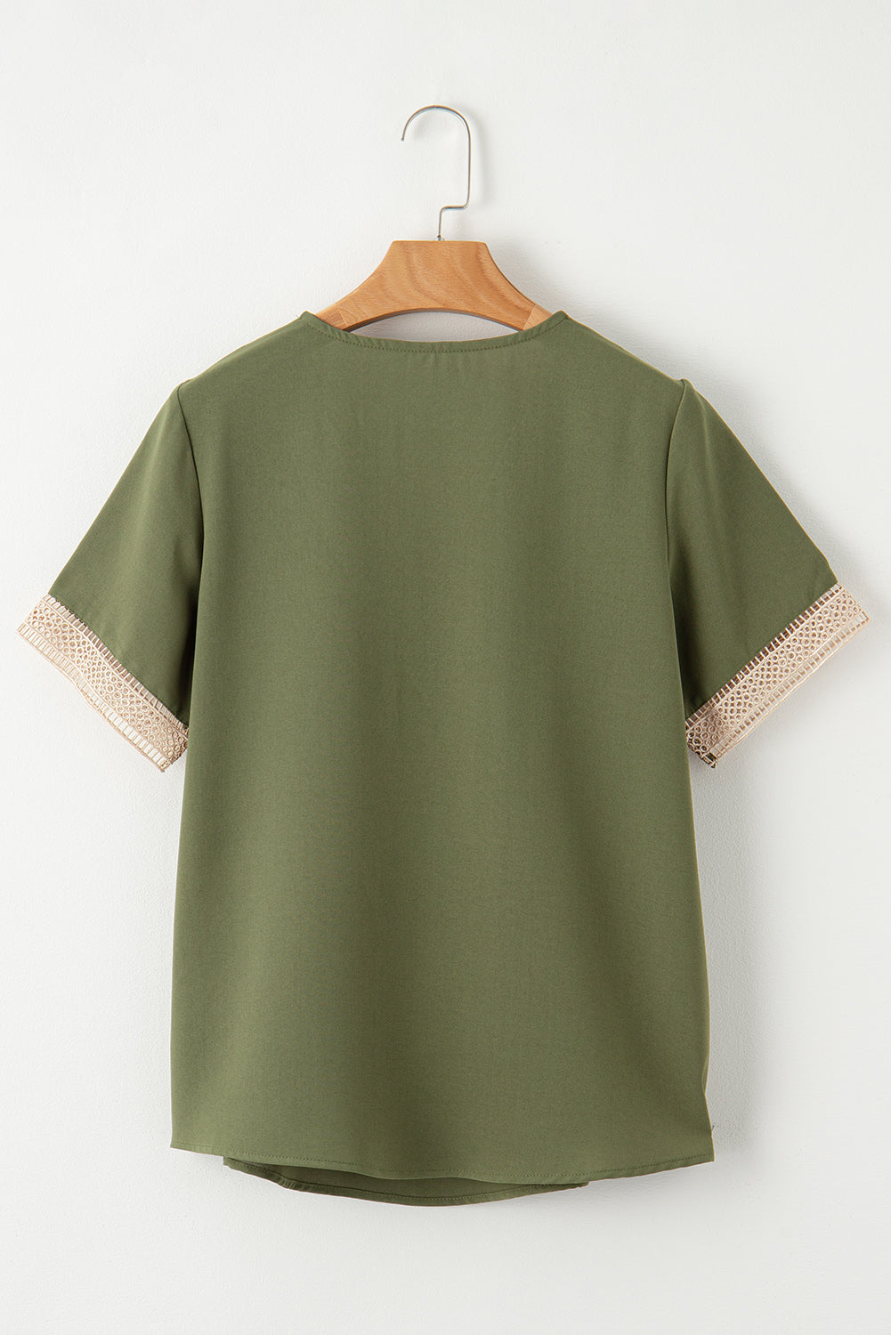 Green lace trim V-neck short sleeve blouse with delicate lace details