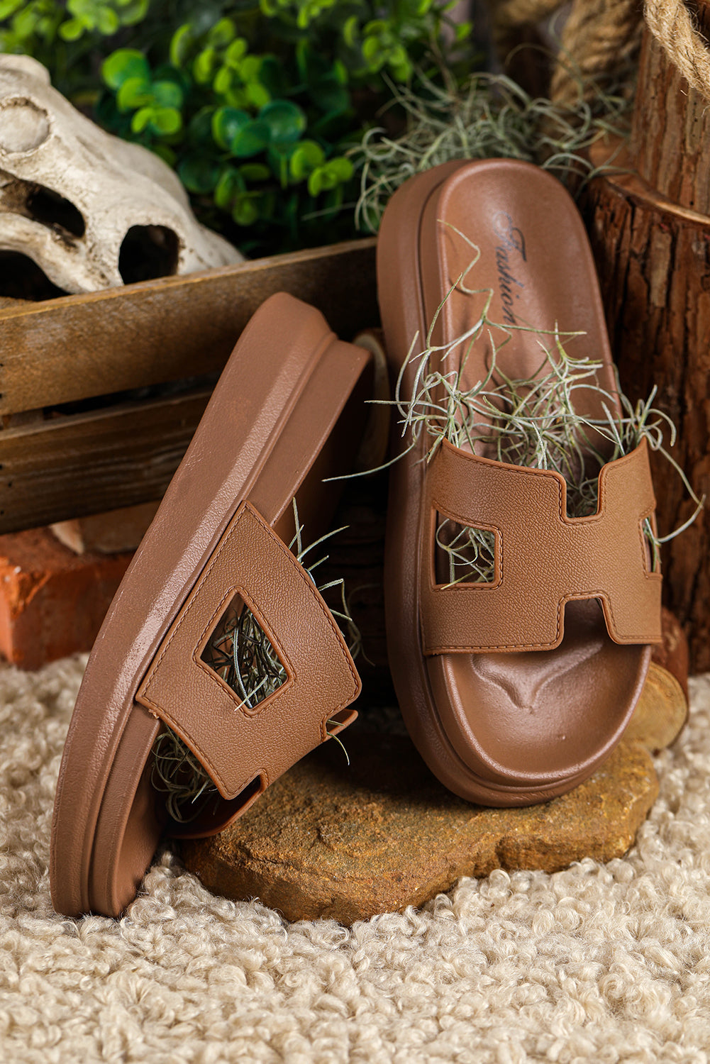 Black cutout design open toe platform slippers with trendy style and comfortable fit