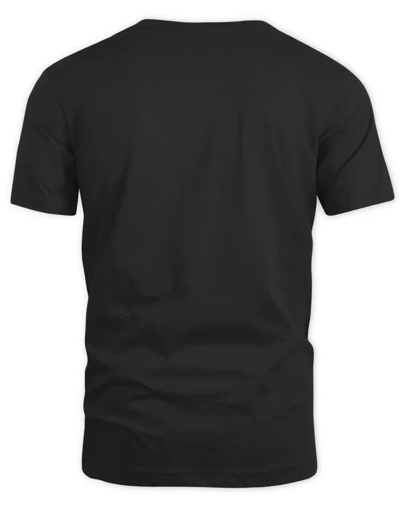 Back view of black unisex standard t-shirt made of preshrunk cotton blend with seamless collar and twin needle hems