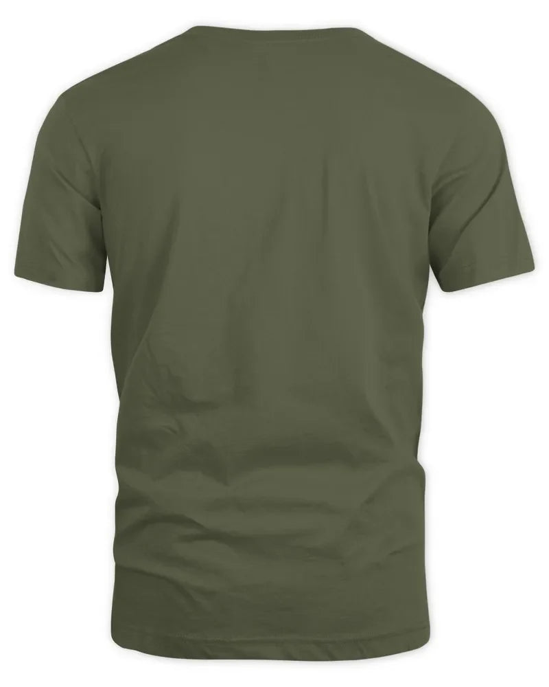 Back view of olive green unisex standard t-shirt made from preshrunk cotton fabric