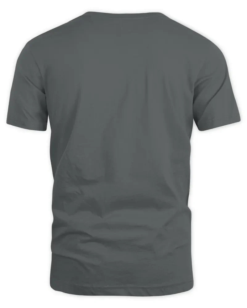 Back view of grey unisex standard t-shirt with seamless collar and rolled shoulders
