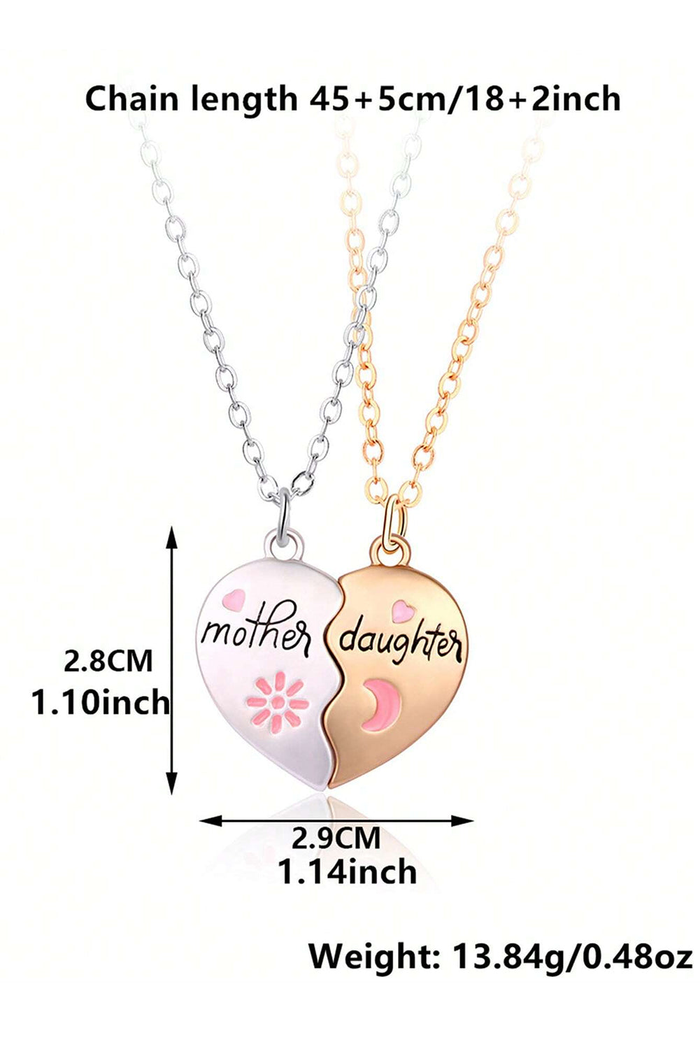 White mother and daughter magnetic heart necklace set with adjustable chains and durable alloy material