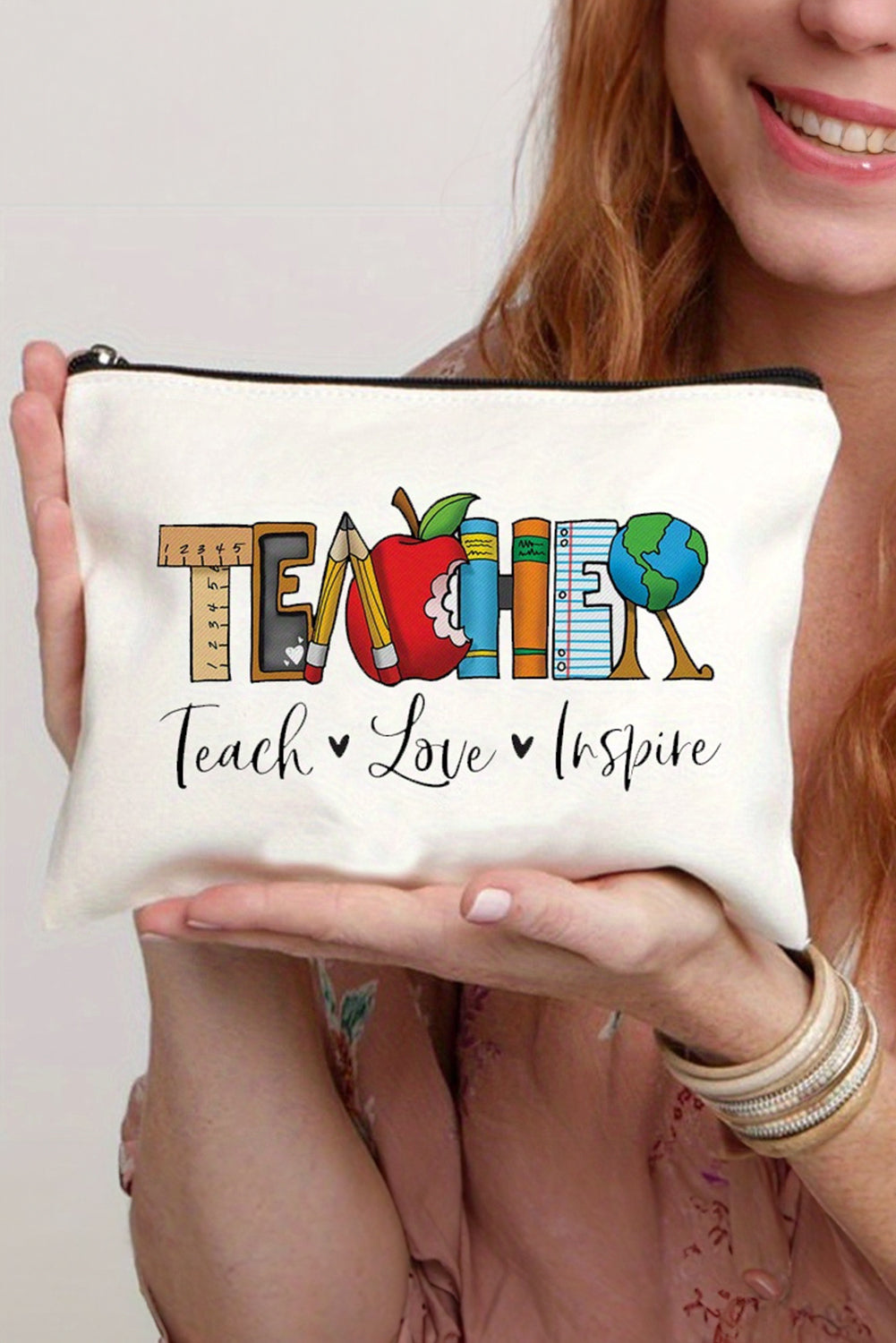 White TEACHER graphic print zipper cosmetic bag made of durable canvas, compact 22x15cm size