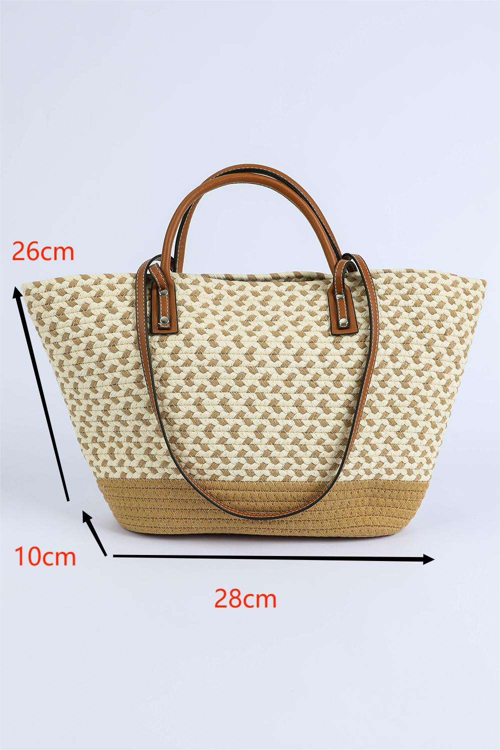 Beige single shoulder bag with contrast woven design and PU leather handles