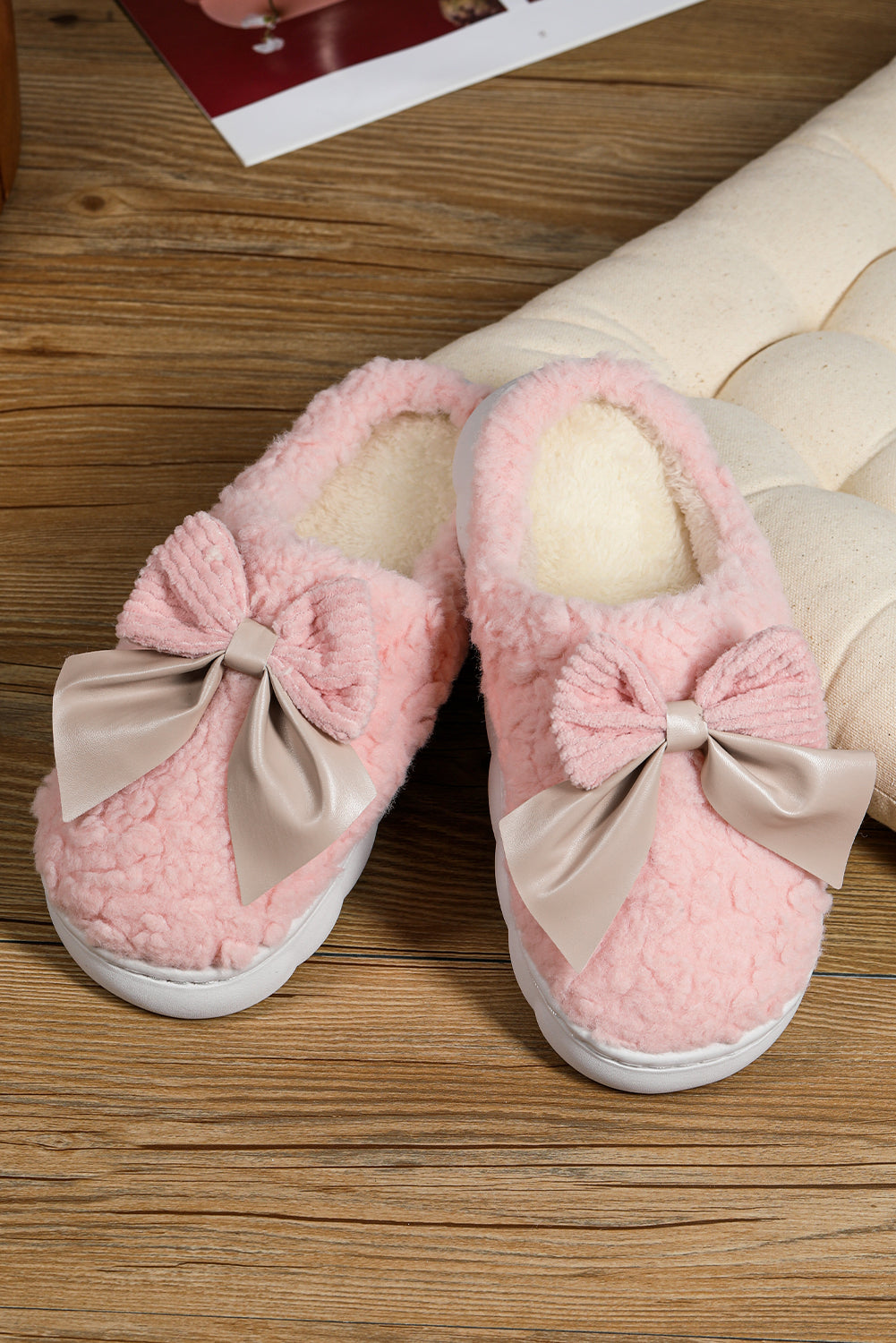 Camel contrast bowknot plush winter slippers with thick sole and cozy design