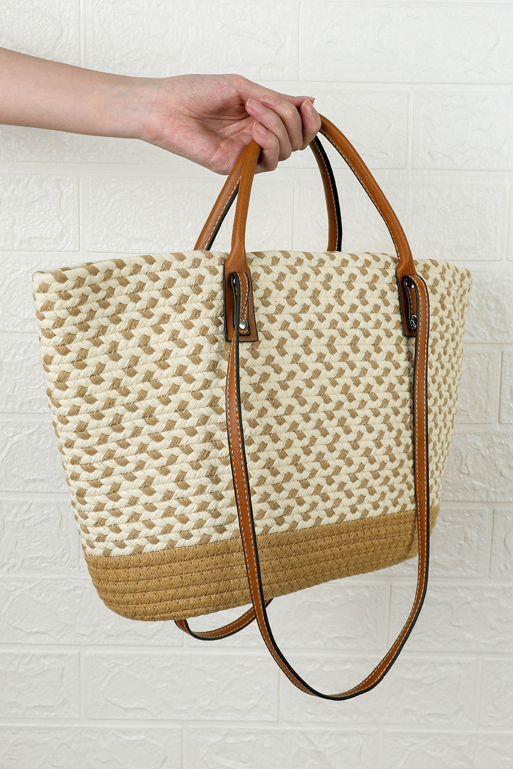 Beige shoulder bag with contrast woven design and PU leather handle