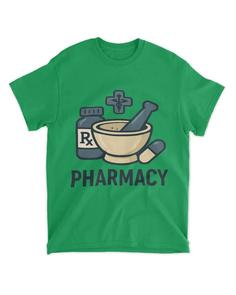 Green unisex standard t-shirt with pharmacy graphic and RX bottle illustration