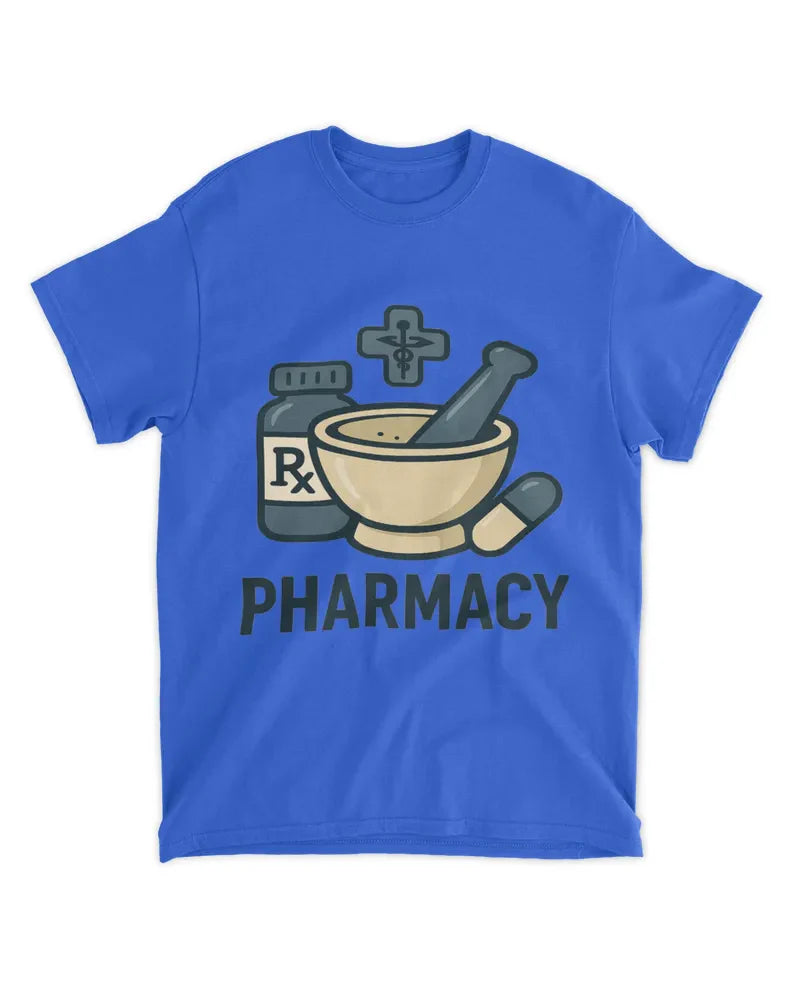 Blue unisex standard t-shirt with pharmacy graphic and comfortable cotton blend fabric