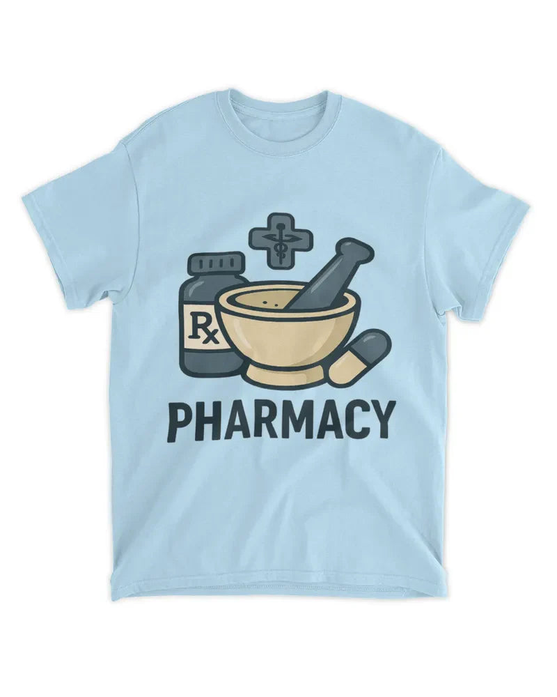 Unisex standard t-shirt with pharmacy print, 100% cotton preshrunk fabric, seamless collar, and taped neck and shoulders