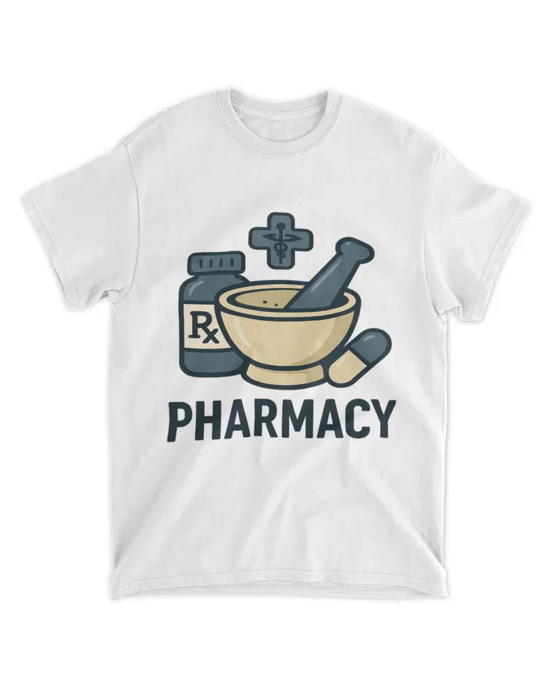 Unisex Standard T-Shirt white with pharmacy graphic print and RX bottle design