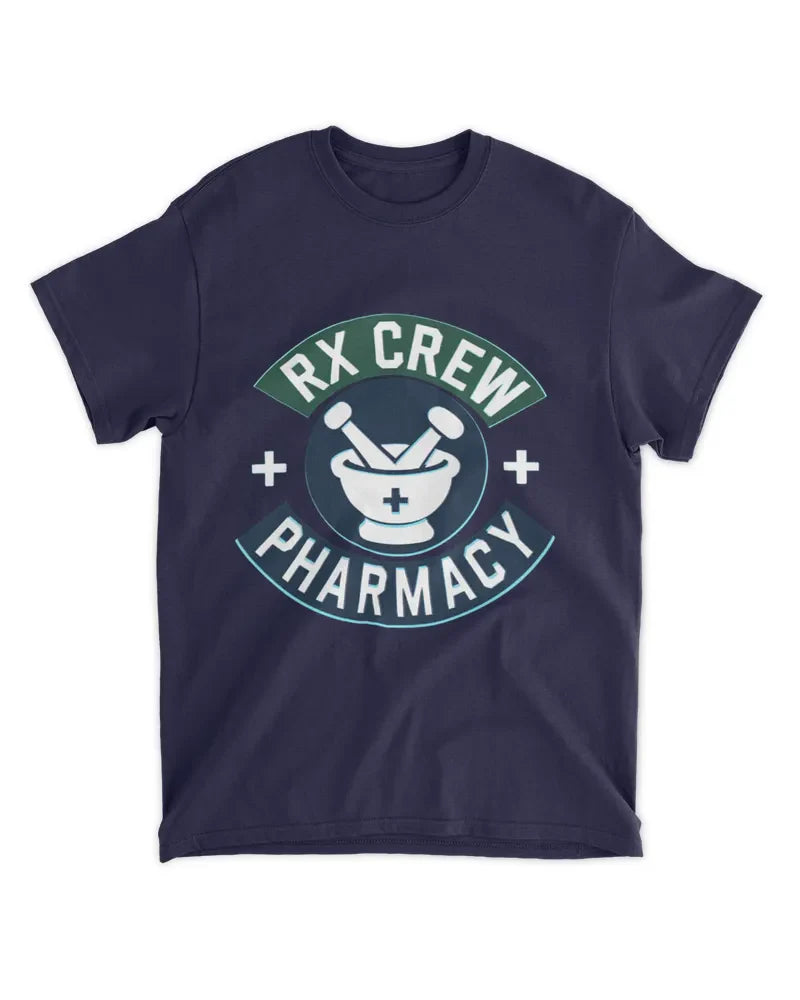 Unisex Standard T-Shirt navy blue with RX Crew Pharmacy logo, 100% cotton preshrunk, seamless collar, twin needle hems, machine washable