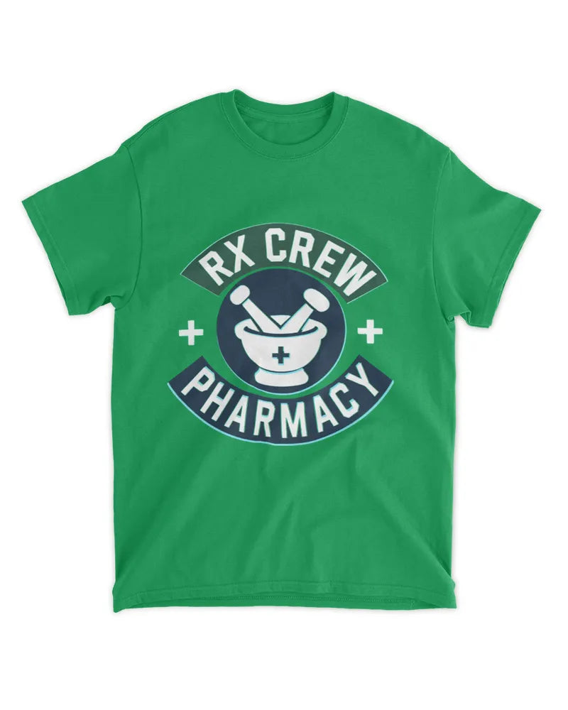 Green unisex standard t-shirt with RX Crew Pharmacy logo and mortar and pestle design