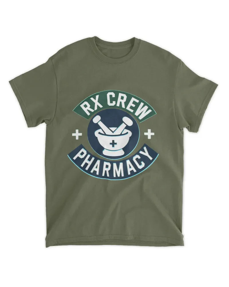 Unisex standard t-shirt with RX Crew Pharmacy logo in olive green, 100% cotton, preshrunk, seamless collar, taped neck and shoulders, twin needle hems.