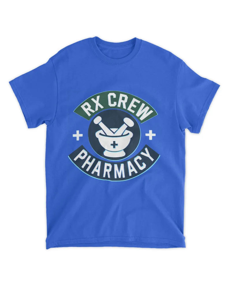 Blue unisex standard t-shirt with RX Crew Pharmacy logo and cotton blend fabric
